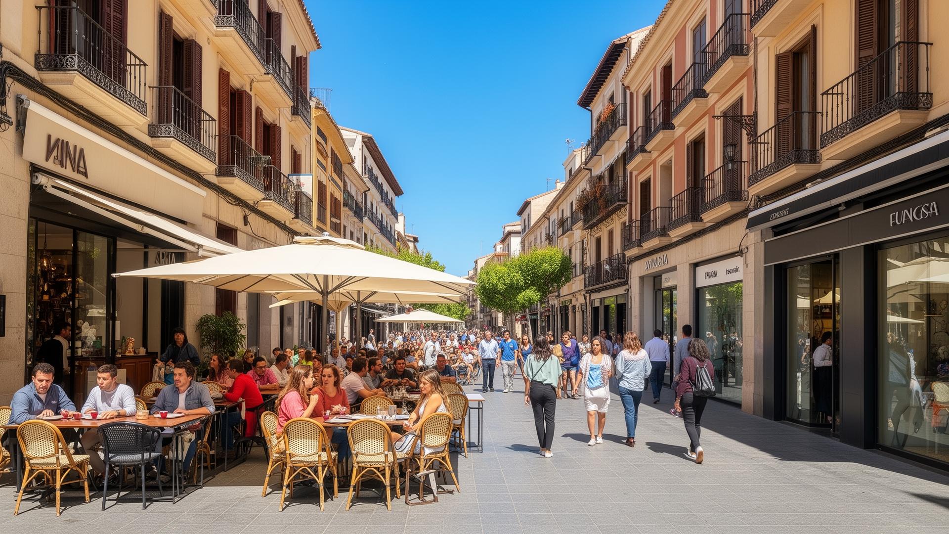 Calle comercial luminosa con terrazas de restaurantes y bares llenas de actividad